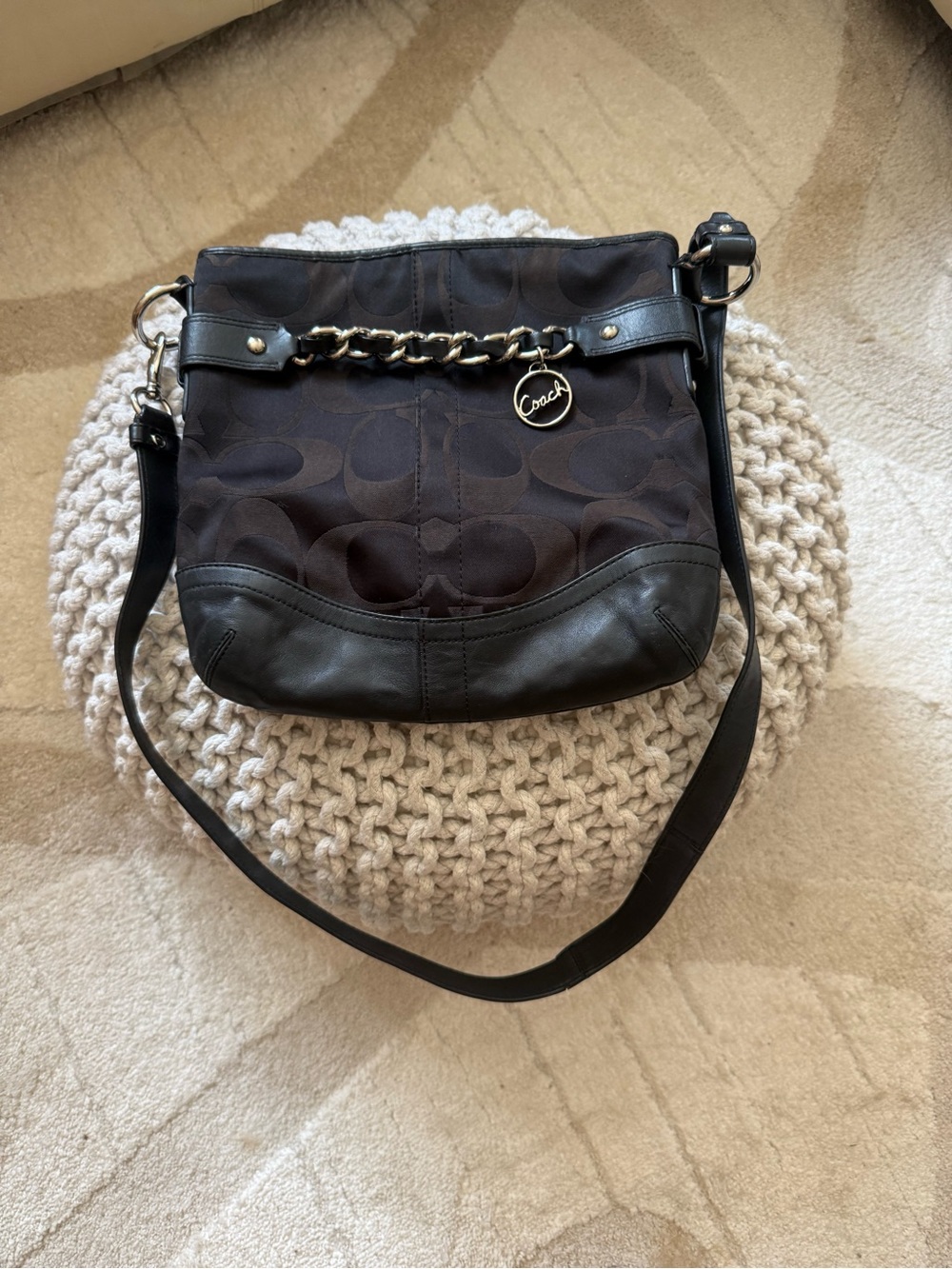 Coach Dark Brown Signature Chain-Accent Shoulder Bag
